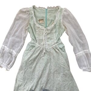Gunne Sax Dress Women XS Mint Green Floral 70s Vintage Lace Trim Prairie Maxi